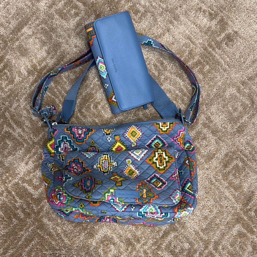 Vera Bradley Blue and Yellow Crossbody Bag with Artistic Design